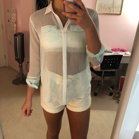 Mint Green Sheer Button Up Collared Shirt - Picture 3 of 4